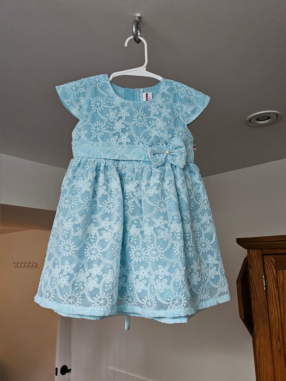 Light Blue Lace Overlay Girls' Dress with Bow